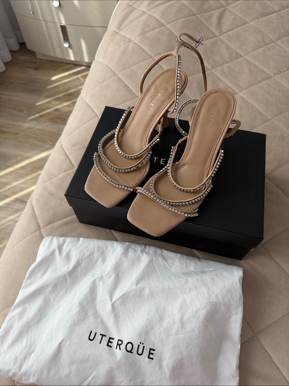 Uterqüe Beige Crystal-Trim Slingback Heels